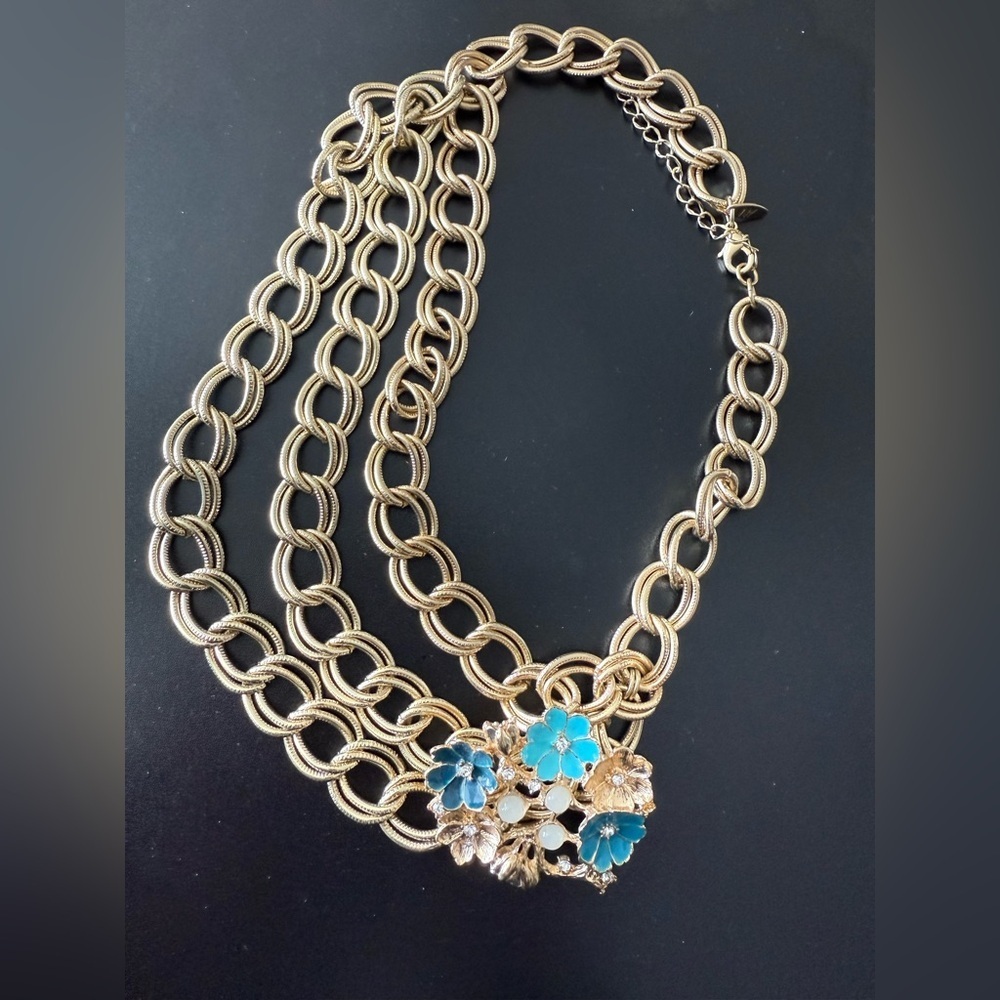 NY Gold Floral Statement Necklace Bag Charm with Turquoise Enamel Flowers - Picture 5 of 8